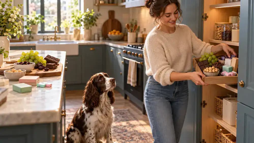 Springer Spaniel watching from the kitchen floor as its owner puts chocolate, grapes, raisins, macadamia nuts, and a sugar-free product into an upper cabinet before choosing packaged dog treats.