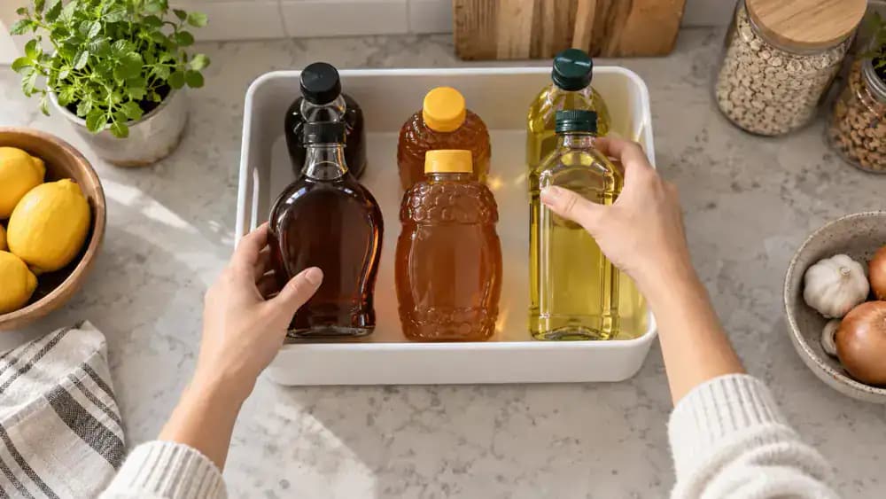 Three upright bottles of maple syrup, honey, and cooking oil arranged inside a shallow white plastic tray with raised edges on a clean, organized pantry shelf.