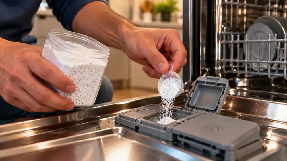 Close-up of a person using a measuring scoop to add powdered dishwasher detergent into the main-wash dispenser, with a detergent dosage chart, appliance guide, and recorded water hardness information nearby.