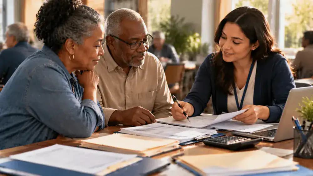 Adults reviewing personal financial paperwork at a community assistance desk.