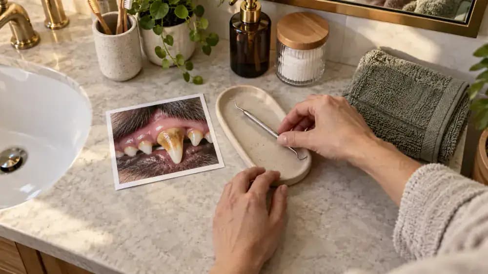 Owner putting away a metal scraping tool after viewing a photograph of thick tartar on a dog's teeth
