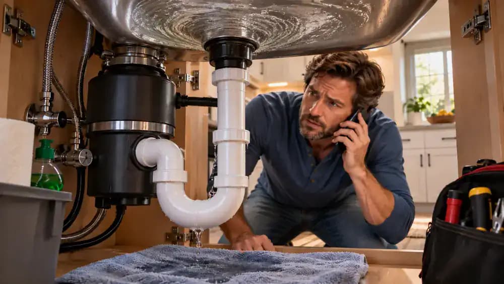 Licensed plumber standing beside a homeowner at a kitchen sink, pointing to a clipboard diagram of the disposal trap, drain line, and vent route while the disposal remains switched off.