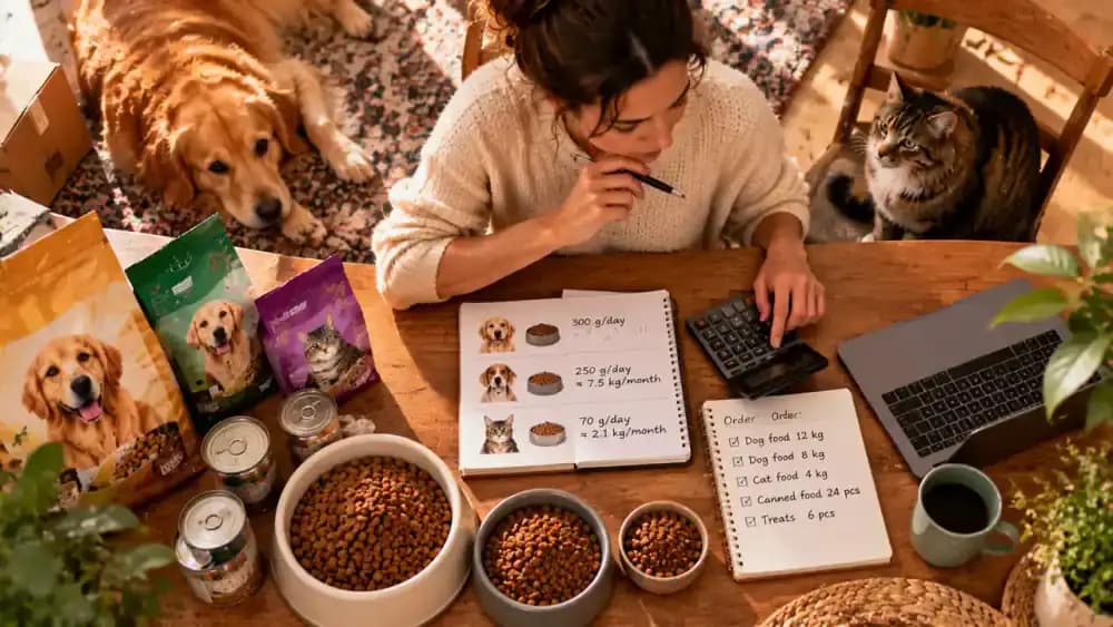 Overhead view of a pet owner comparing bulk kibble bundles and smaller bags on a laptop, with a calculator, handwritten feeding estimate, measuring cup, and nearly empty pet food bag nearby.