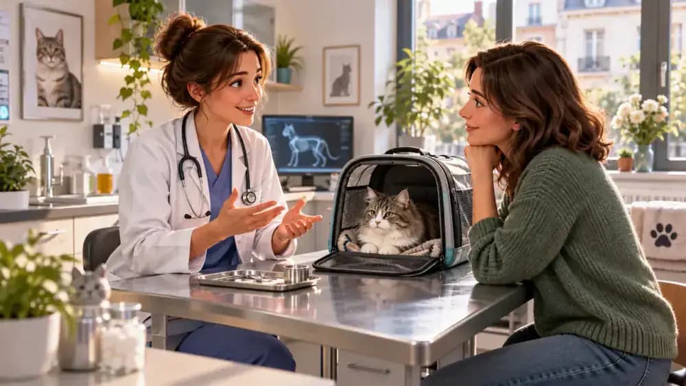 Veterinarian explaining a proposed blood test and itemized cost estimate on a tablet to a dog owner