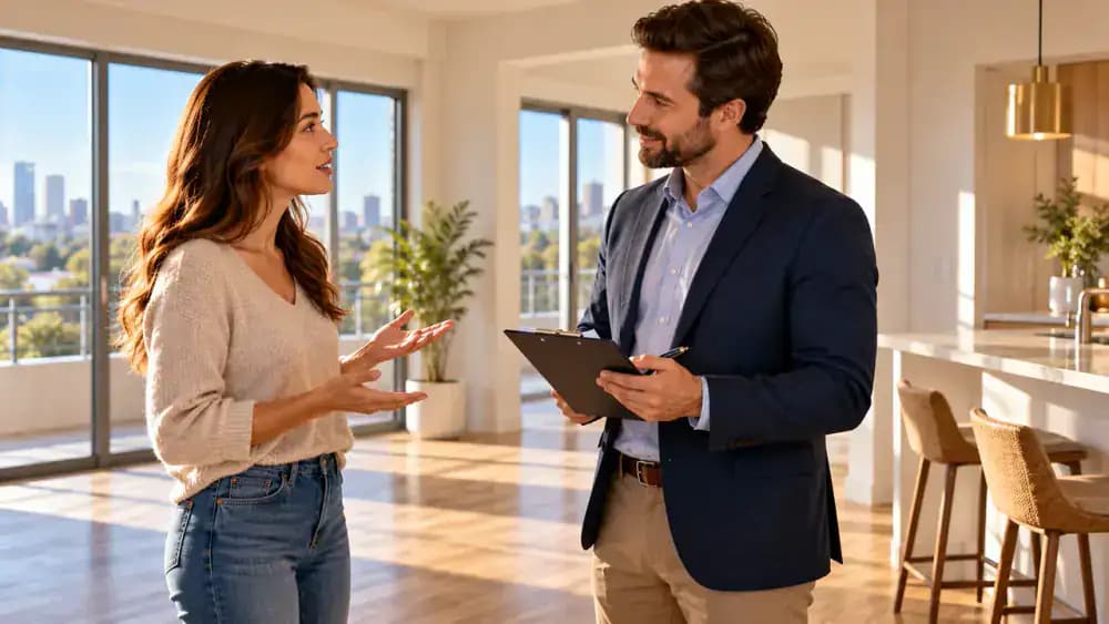 Tenant discussing security deposit deductions and inspection procedures with a property manager inside a bright apartment.