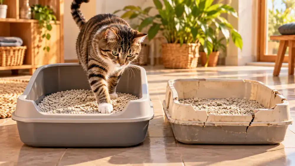 Lightweight plastic litter box sliding across a smooth tile floor, close-up of a cracked and worn tray corner, and a sturdy replacement box remaining stable as a cat steps inside.