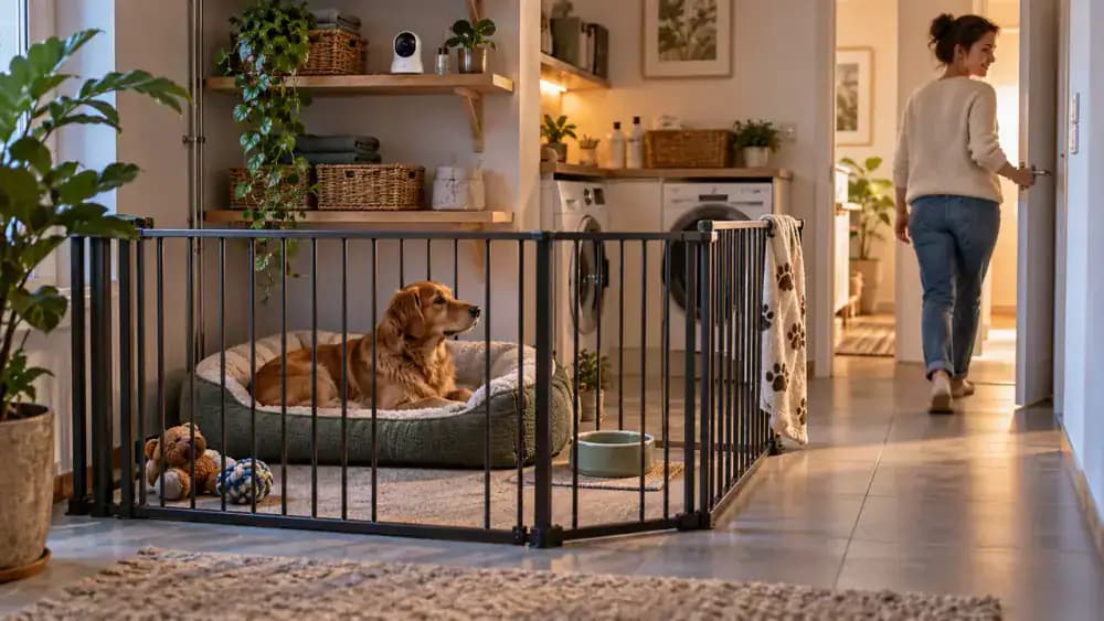 Safe gated room with dog bed, water, and cleared floor