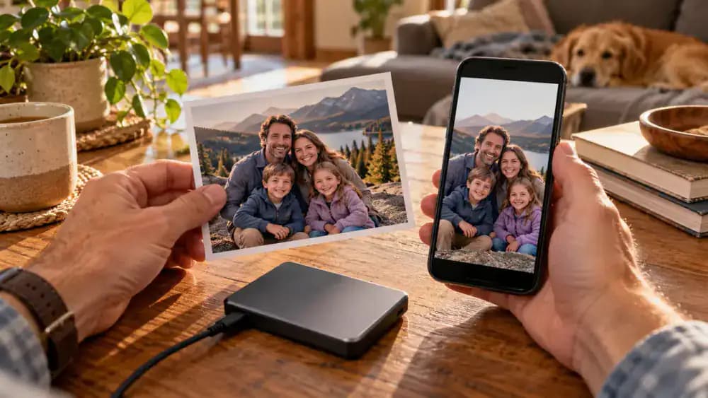 Adult comparing a printed family photograph with the matching image on a smartphone beside an open laptop and connected external SSD in a home archive room.