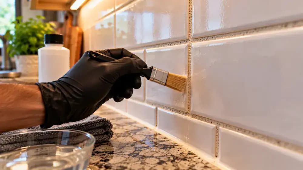 Close-up of blue-gloved hands using a small foam applicator to apply penetrating grout sealer along a clean, dry horizontal cement grout line between cream ceramic kitchen backsplash tiles, with a lint-free cloth nearby for removing excess.