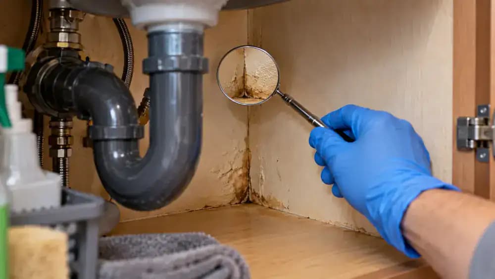 Person wearing blue protective gloves using a handheld inspection mirror to examine vertical seams inside an under-sink kitchen cabinet, with a printed moisture damage reference card showing darkened seams, bubbling laminate, and separating panel edges. A waterproof tray, sealed containers, and expo