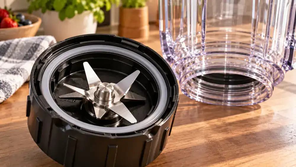 Close-up of adult hands reinstalling a dry rubber gasket into the exterior groove of a detachable blender blade housing, then securing the assembly to a transparent blender jar using its protective plastic locking collar on a sand-colored nonslip mat.