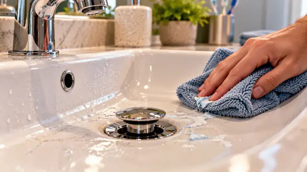 Close-up of a homeowner using a soft, damp microfiber cloth to wipe toothpaste smears and soap residue from a white porcelain bathroom sink around a chrome pop-up stopper, without pushing debris into the drain.