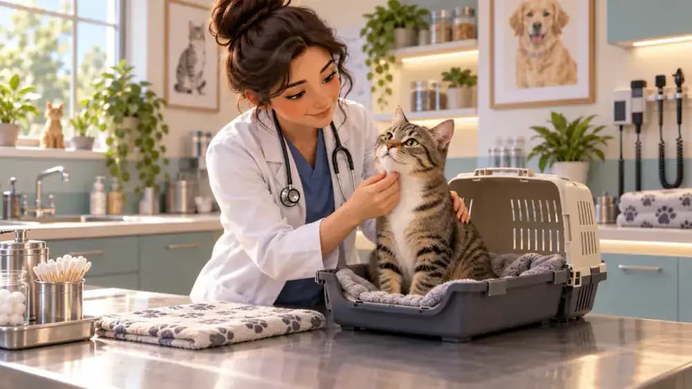 Owner attaching contact information to a cat carrier while checking microchip registration details