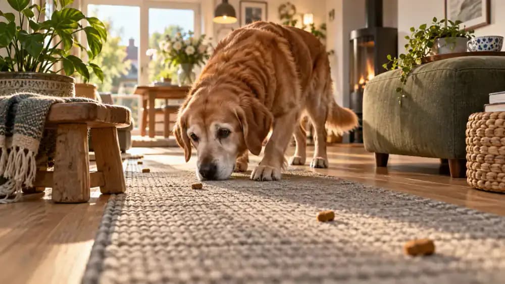 Two dogs separated into different rooms during a food search game