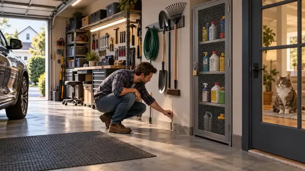 Organized garage with chemicals locked away and the owner inspecting a gap near utility pipes