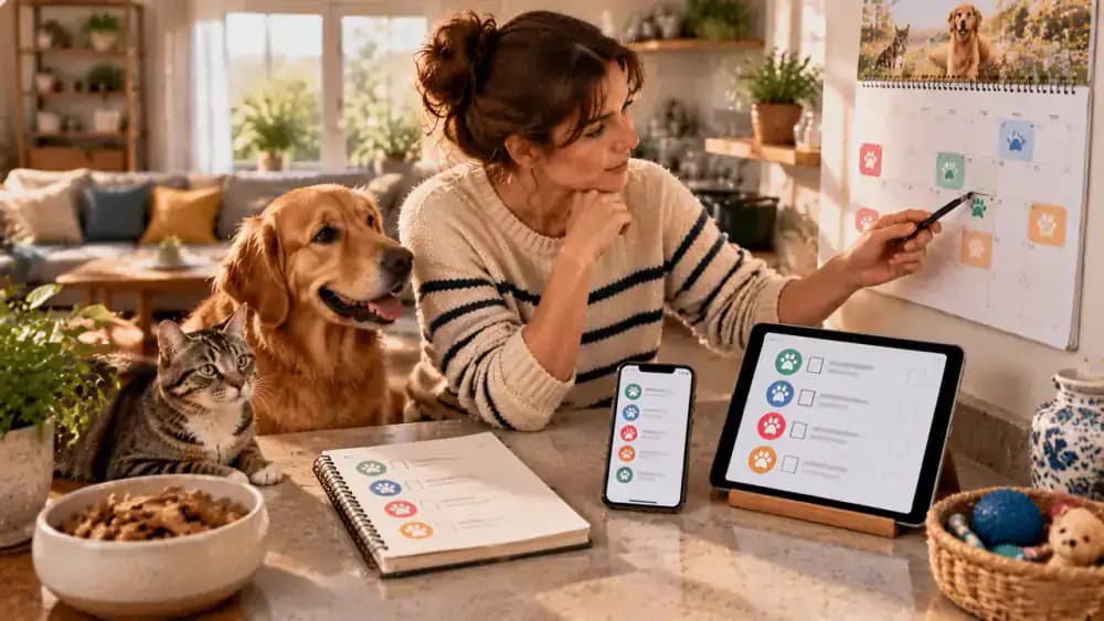 Three pet care reminder options displayed side by side: a wall calendar near a kitchen doorway, a smartphone notification, and a shared household task list on a tablet.