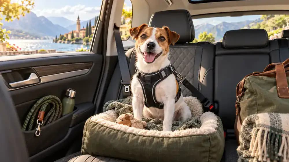 Small dog secured inside a parked car with a travel harness while the walking leash is stored separately