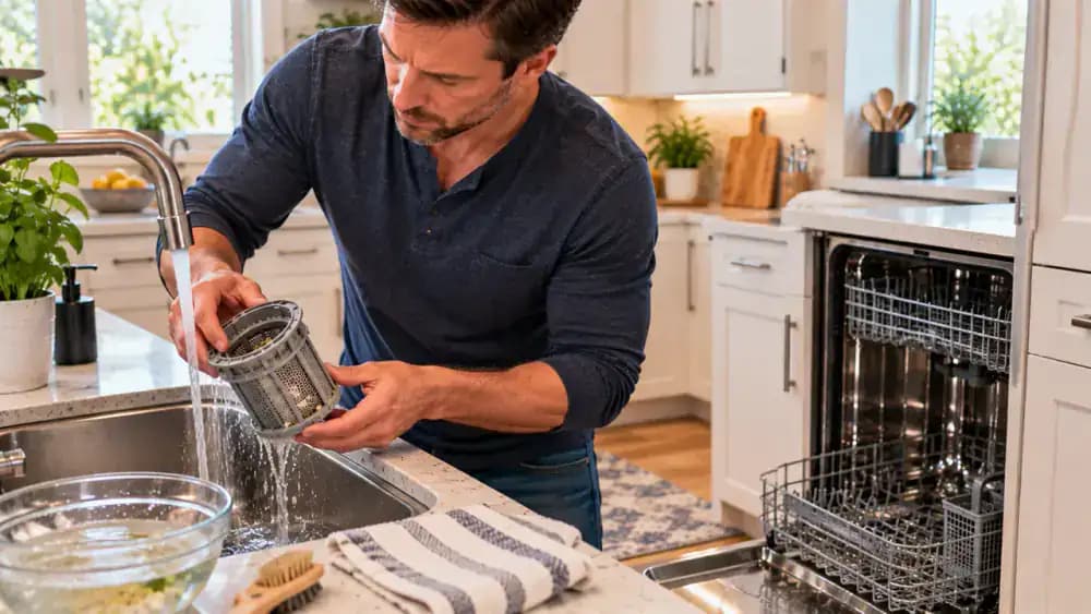 Adult rinsing a lightly soiled dishwasher filter with a few crumbs under warm water at a white sink before twisting it back into the open dishwasher.