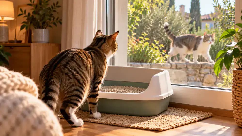 Tabby cat stiffening beside a litter box near a large ground-floor window after noticing an unfamiliar cat outside, while an owner lowers a translucent blind.
