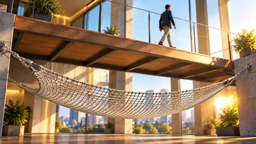 Strong safety net stretched beneath an elevated platform, illustrating financial protection against large qualifying claims.