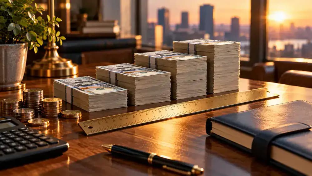 Measuring ruler beside organized stacks of cash and a closed calendar representing loan size and repayment limits.