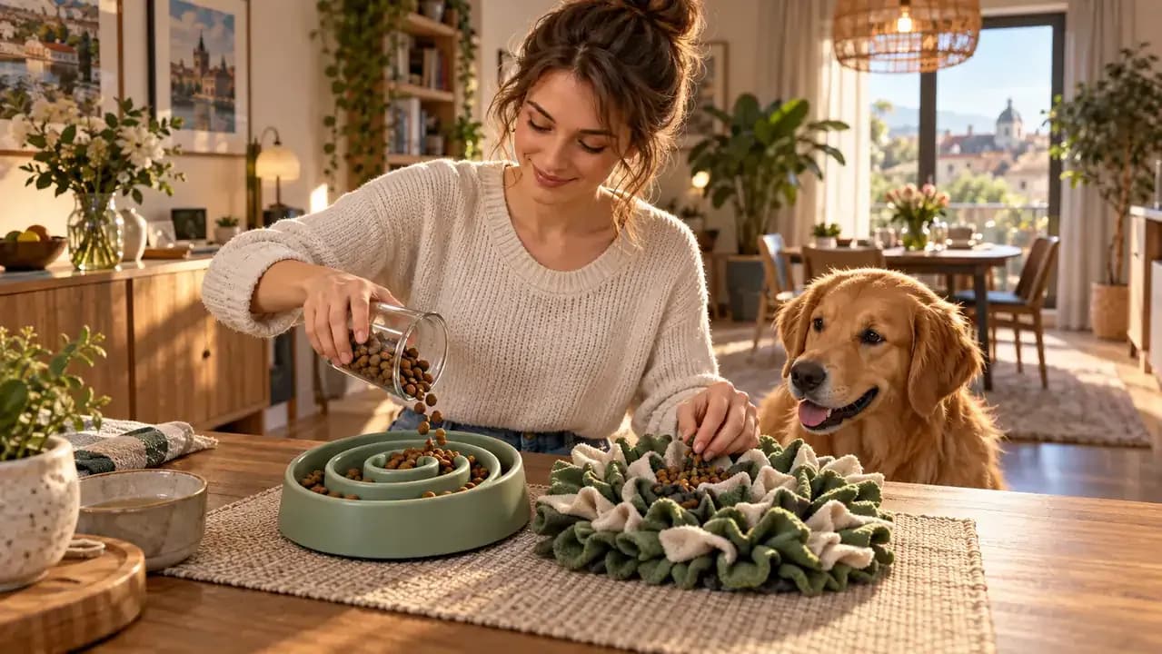 Owner timing a calm dog's slower meal and comparing notes with an earlier feeding