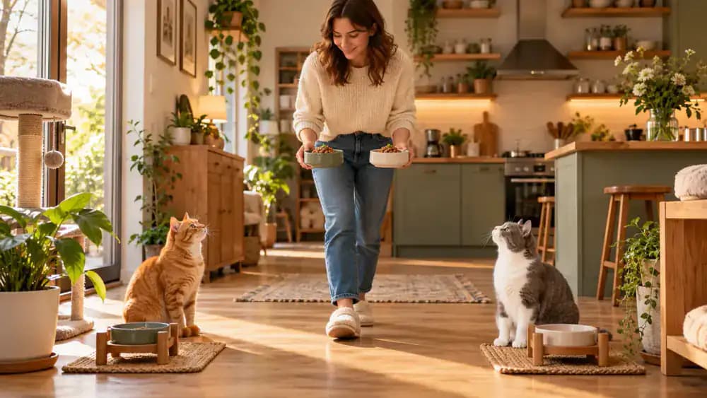 Owner calmly preparing two ceramic food bowls at a bright kitchen counter while an orange tabby waits near its kitchen station and a gray-and-white cat relaxes in a separate study.