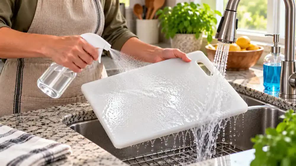 A hand applies sanitizer evenly to a plastic cutting board on a rimmed tray while a countertop timer tracks the required contact time before rinsing according to the label.
