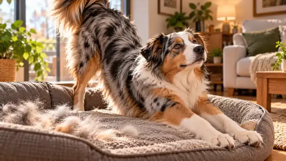 Fluffy Maine Coon cat stepping out of a round pet bed in a Scandinavian-style bedroom while its owner compares loose fur on the cushion with samples arranged on cloth squares.