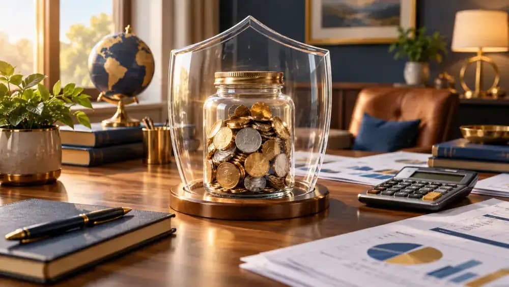 Large locked savings vault contrasted with several smaller containers