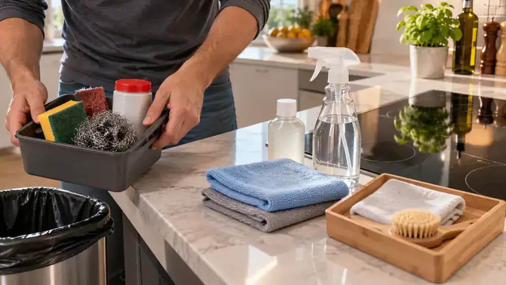 Close-up of hands moving a utility tray containing steel wool, a rough green scouring pad, and abrasive powder away from a cooled black glass-ceramic cooktop, leaving a microfiber cloth, soft sponge, and approved cleaner on a folded towel. A kitchen knife stays secured in a knife block, and dried to