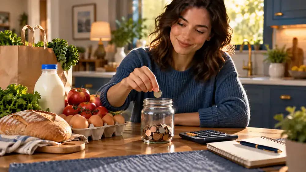 Person placing a few coins into a small savings jar beside basic groceries at a kitchen table.