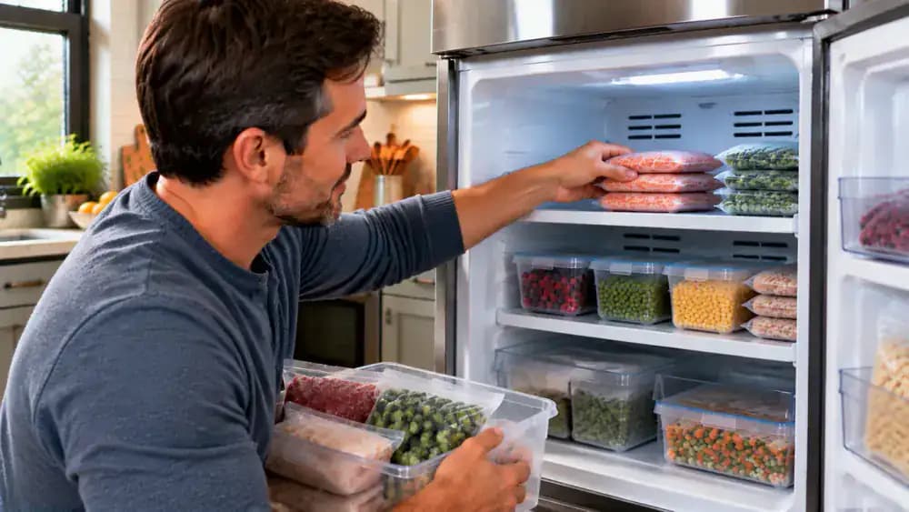 Homeowner organizing frozen food packages in accessible freezer door and upper shelf storage zones while keeping airflow areas clear