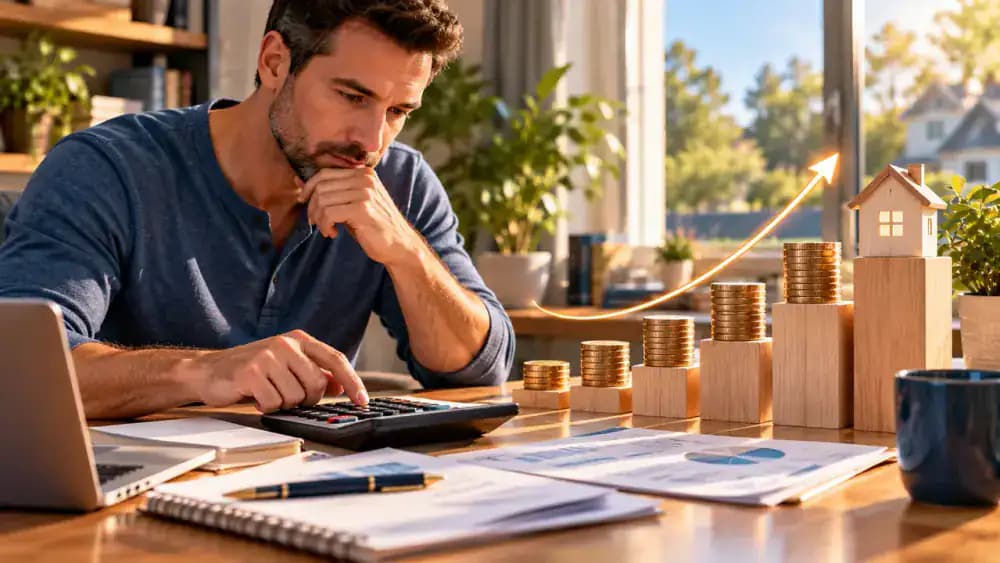 Homeowner reviewing a calculator, financial documents, and progressively taller payment bars representing different HELOC repayment scenarios.
