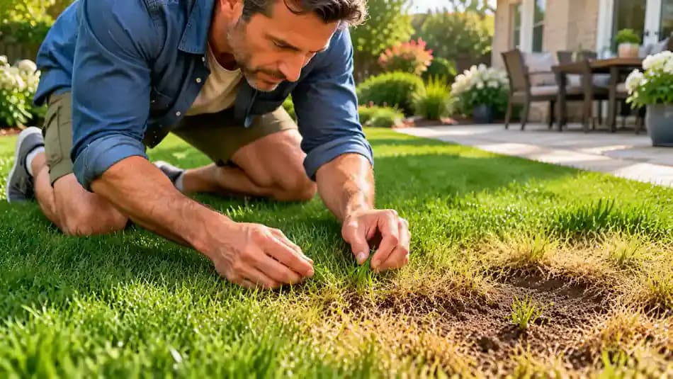 Homeowner gently parting yellow grass at the edge of a bare lawn patch to look for fresh green shoots, with a notebook on a kneeling pad nearby.