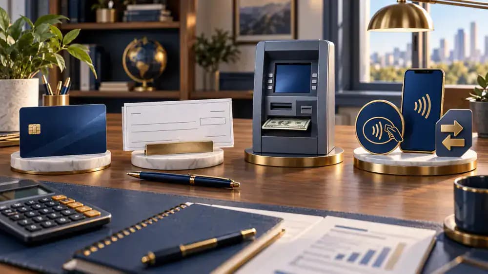 Debit card, paper check, and electronic transfer symbols arranged as distinct payment categories.