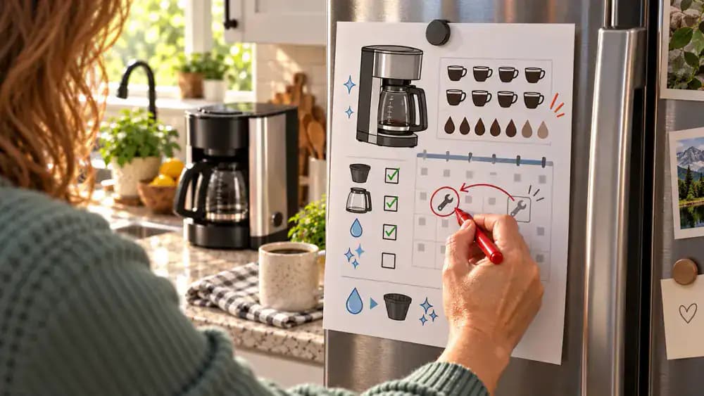 Hand reviewing increased daily coffee maker brew counts on a refrigerator-side maintenance checklist while comparing the schedule with the manufacturer manual and marking separate cleaning and descaling tasks.