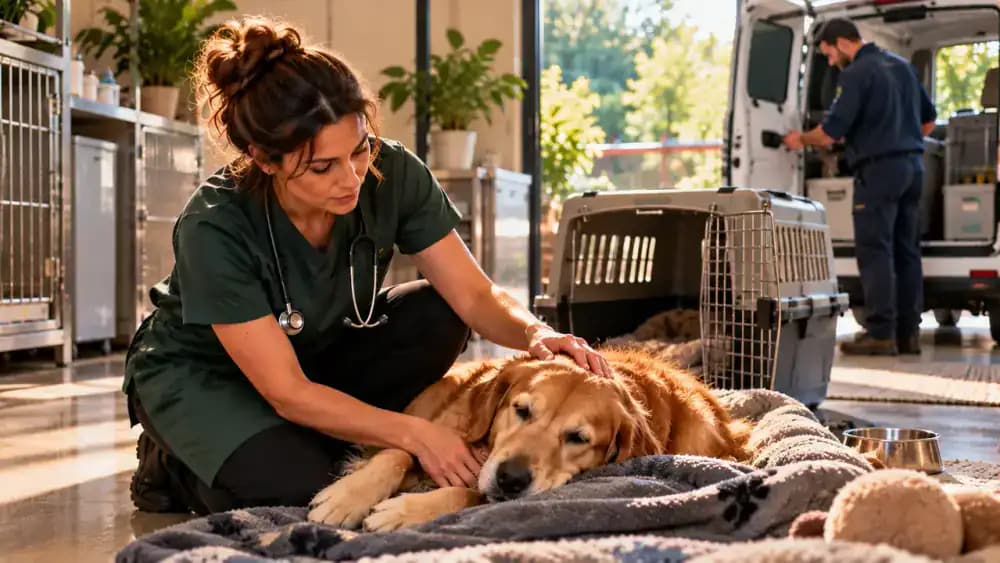 Boarding caregiver observing a dog showing unusual lethargy, documenting its condition, contacting a veterinary clinic, coordinating with another employee, and arranging secure transportation to veterinary professionals.