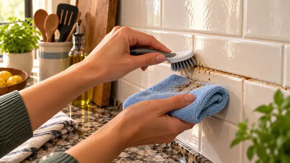 Overhead diagonal view of cleaned tile and grout being wiped with a damp microfiber cloth while a dry towel follows, avoiding a nearby outlet opening and vertical seam.
