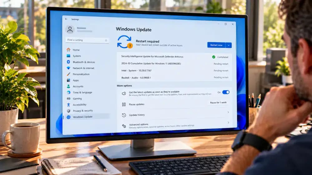 Windows 11 desktop monitor displaying Settings > Windows Update with the Check for updates button, update status, automatic update settings, and pending restart information.