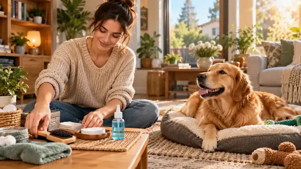 Split-screen comparison of an owner repeatedly reaching for ear-cleaning supplies and another calmly observing a comfortable dog while checking a veterinarian-provided care calendar.