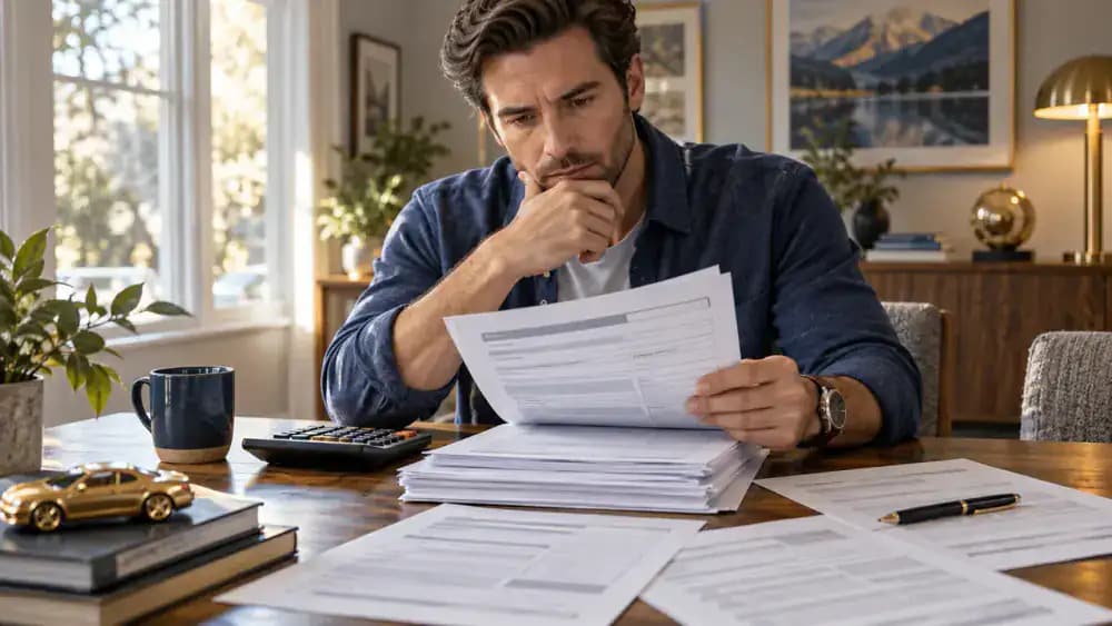 Consumer examining several automobile financing contracts with a pen and reading glasses.