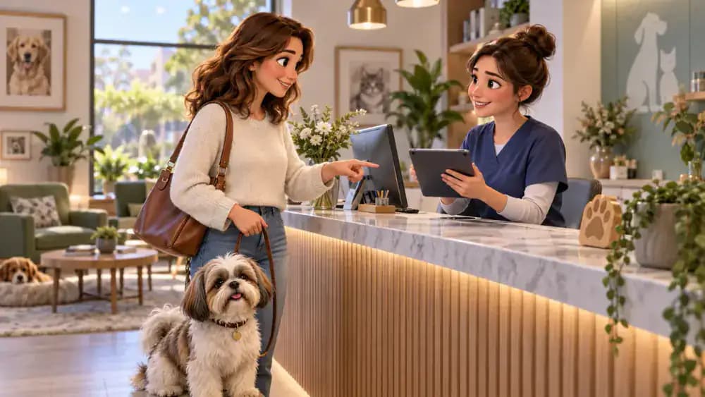 Shih tzu owner confirming the secure transfer of medical records at a new veterinary clinic