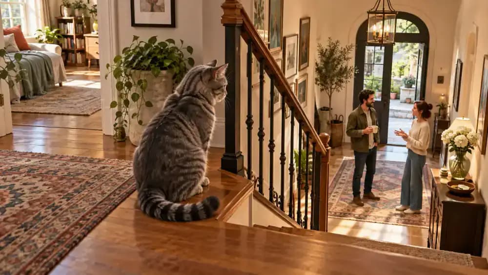 Relaxed gray tabby resting on a carpeted upstairs stair platform, observing its owner and a single guest chatting in the living room below.