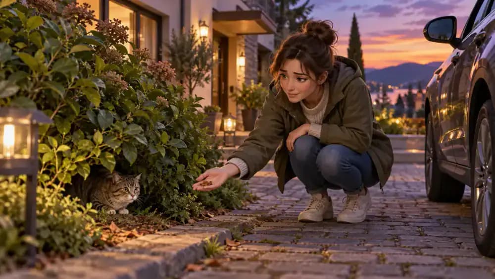 Cat owner crouching calmly beside a garden hedge in a residential driveway at dusk, offering familiar treats to a frightened tabby hiding beneath dense shrubs near a parked car.