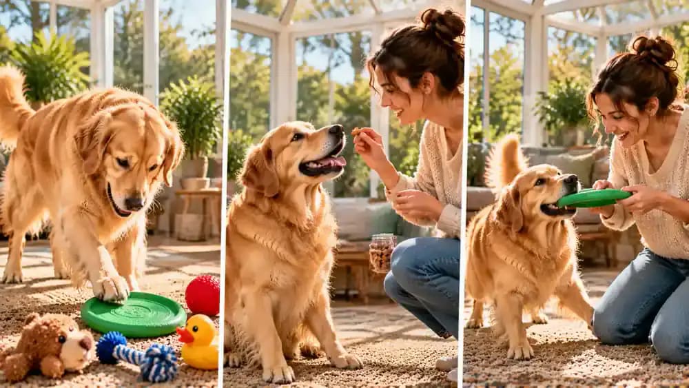 Golden retriever identifying a green fabric frisbee while its owner alternates between offering a treat, starting a game, and giving affectionate praise.
