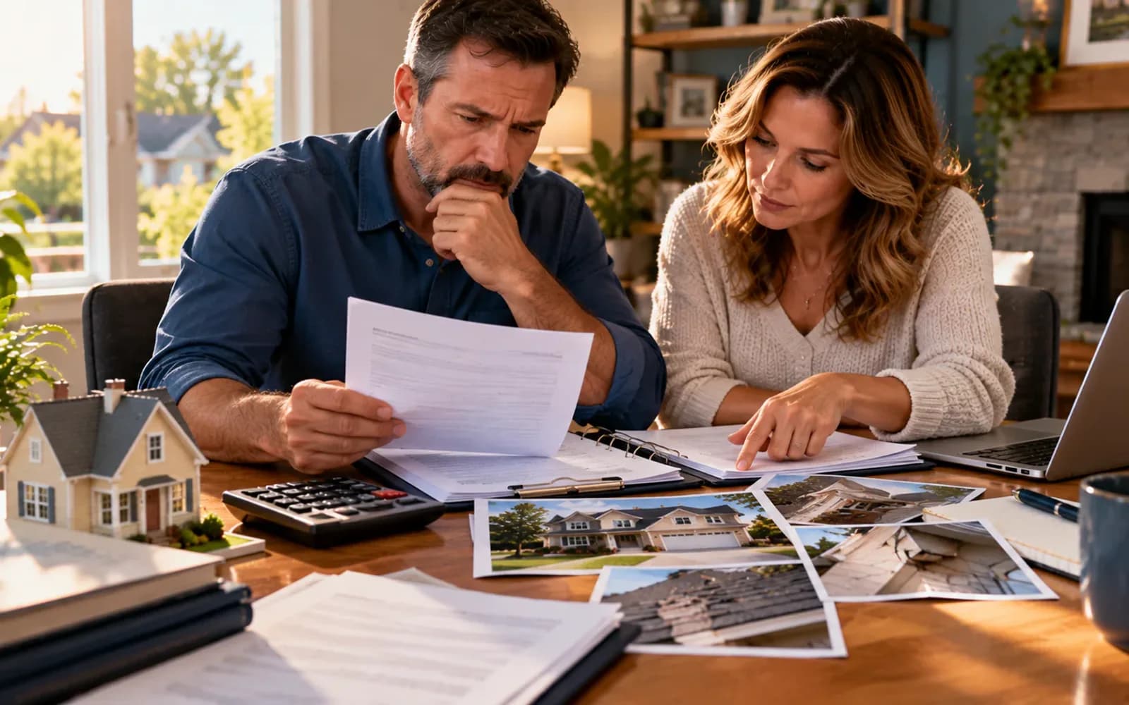 Homeowner reviewing insurance policy with calculator