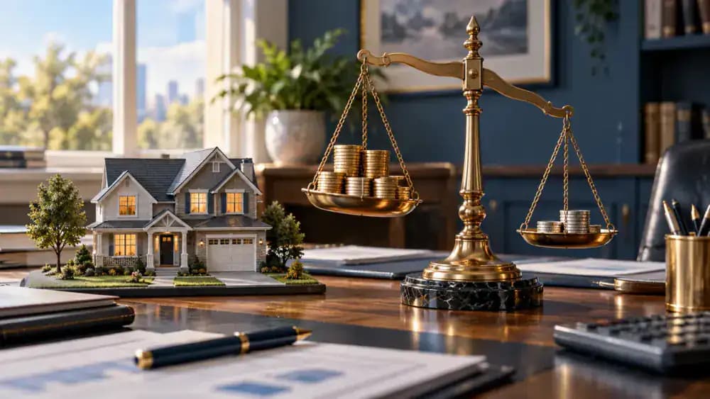 Small model house beside an uneven balance scale holding coins.