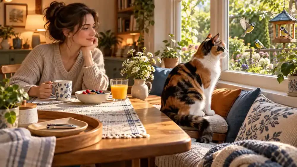 Calico cat watching birds through a glass patio door in a warm breakfast nook, with closed cat nail clippers resting on a wooden tray beyond reach while its owner reads nearby.