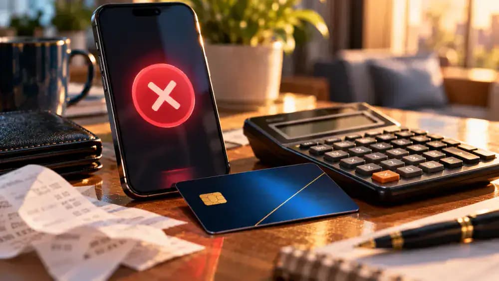 Smartphone displaying a generic failed transaction symbol beside a bank card and calculator.